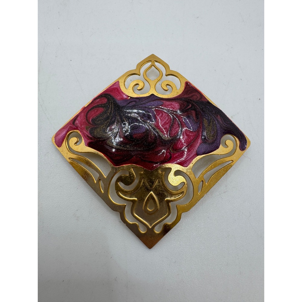 Vintage Gold Tone Filigree Diamond Brooch Marbled Purple Magenta Enamel Pin